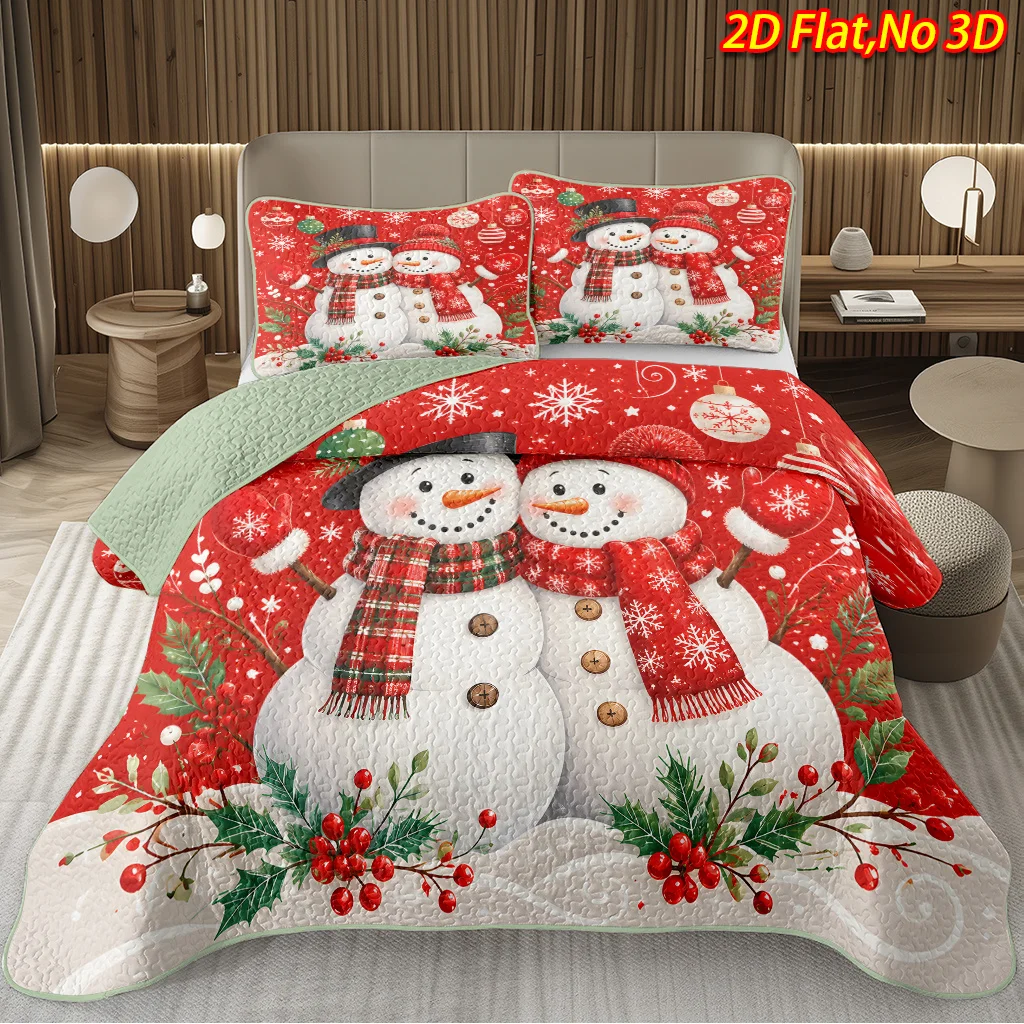 2/3pcs 2D Flat Christmas Bedspread Set Double Snowman Red Scarf Christmas Decoration Bedding Decor, (1pc Bedspread And 1/2pcs Pi