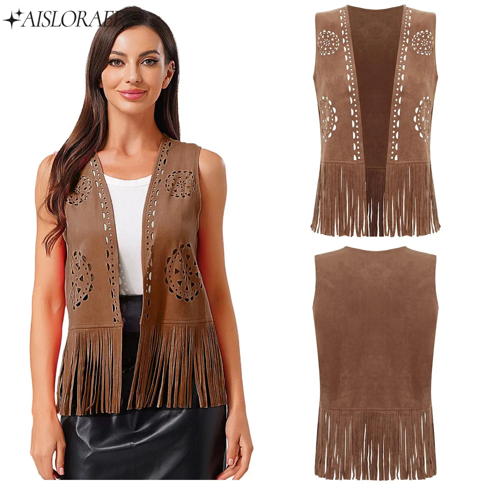 

Womens Western Cowgirl Fringe Vest Vintage Hollow Out Tassel Open Front Tank Tops Faux Suede Waistcoat for 70s Disco Hippy Dance