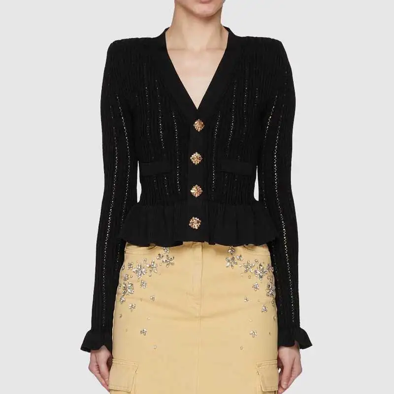 Women's Black Pointelle Peplum Cardigan V-Neck Knitted Button Long-Sleeved Slim Casual Cardigan autumn winter