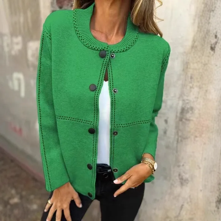 

2025 Autumn and Winter New Striped Loose Round Neck Button Long Sleeve Versatile Sweater Jacket Europe and America