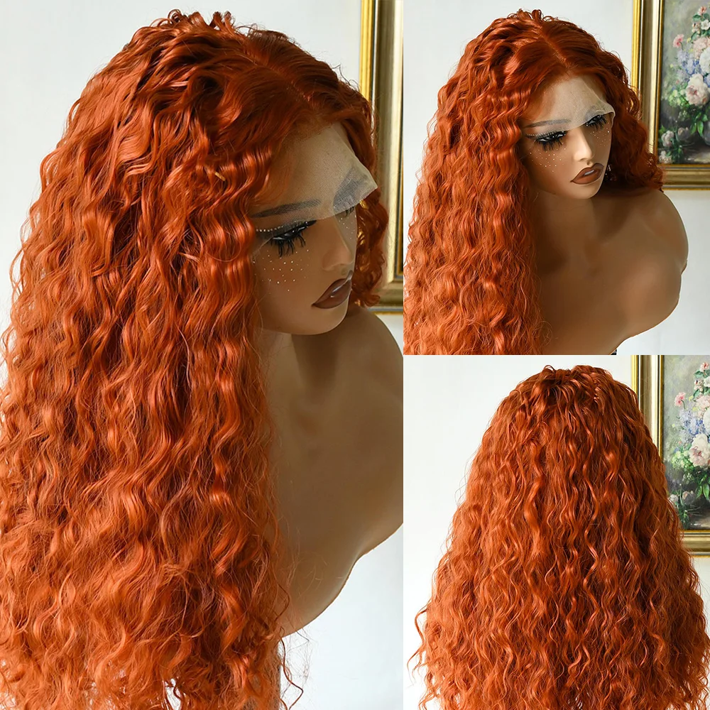 الزنجبيل مجعد الدانتيل الجبهة الباروكات طويلة غلويليس موجة عميقة الاصطناعية الدانتيل الباروكات الأمامية البرتقال الزنجبيل شعر مستعار الجزء الأوسط شعر مستعار مجعد فضفاض