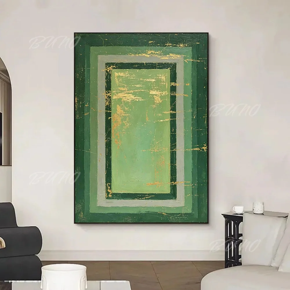 Handmade Abstract Oil Painting Green Geometric Gold Foil Canvas Wall Art for Living Room Bedroom Decor