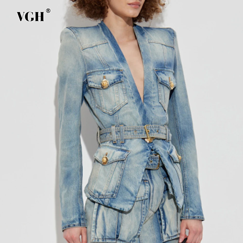 

VGH Дизайнерское джинсовое пальто с плечами для женщин Глубокий V-образный вырез с длинным рукавом в стиле пэчворк с поясом Сексуальная модная куртка Женская одежда