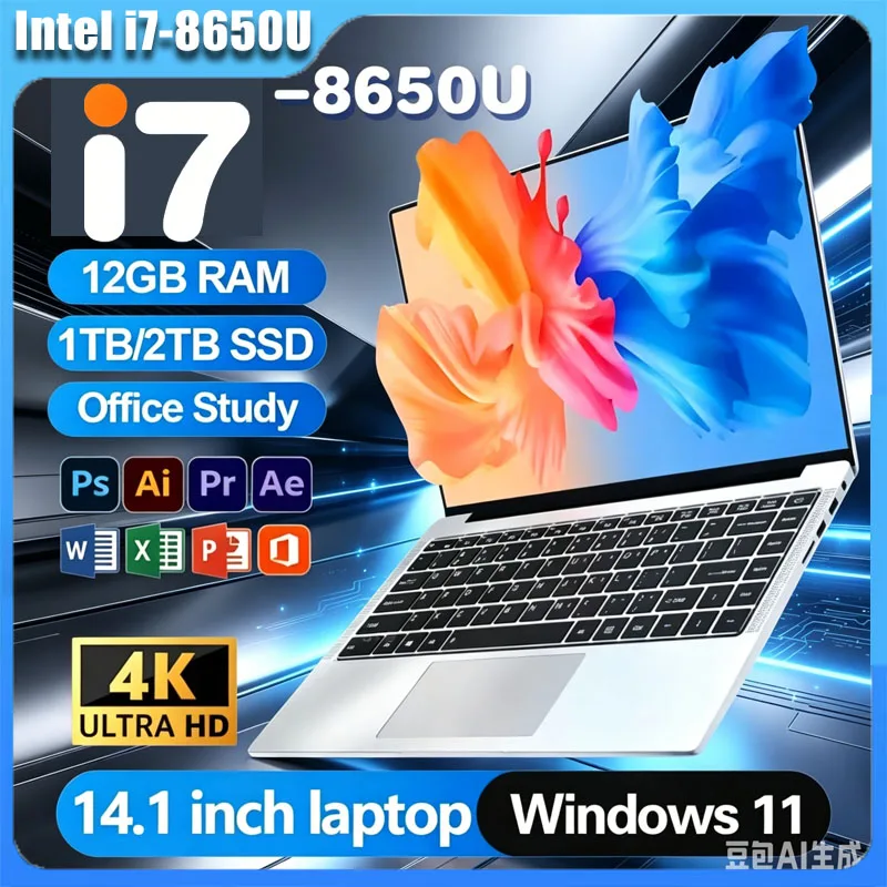 

14.1 Inch Ultra Thin Laptop 2026 New Win11 Intel Core i7-8650U DDR4 16GB 32GB RAM 2TB SSD Portable Office Business Notebook PC