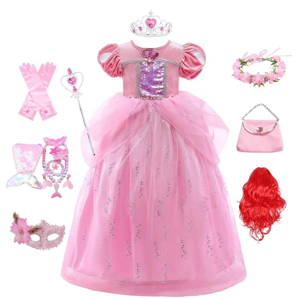 

New 2024 Girls Mermaid Costume Princess Pink Ariel Party Ball Dress Deluxe Carnival Cosplay Costume Kids Birthday Fantasy Robe