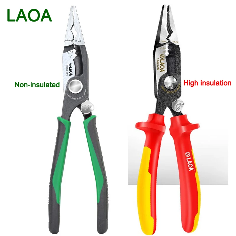 Изолированные плоскогубцы LAOA VDE 8 в 1, плоскогубцы с игольчатыми носами, изогнутые плоскогубцы, высокая напряжение, 1000 В, кусачки, инструмент для зачистки кабеля