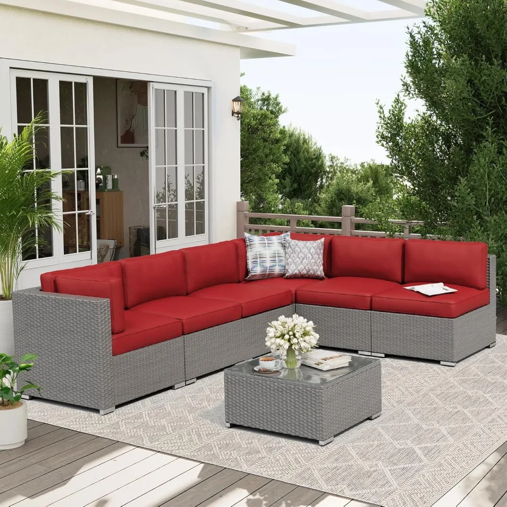 

7-Piece Outdoor Patio Furniture Sofa Set Grey Rattan Wicker Sectional Conversation Sets with Glass Top Table and Cushions