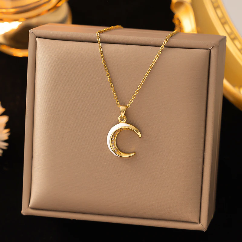 ANENJERY 316L Stainless Steel Moon Star Inlaid Zircon Necklace for Women Design Clavicle Chain Jewelry Gift Party Wholesale