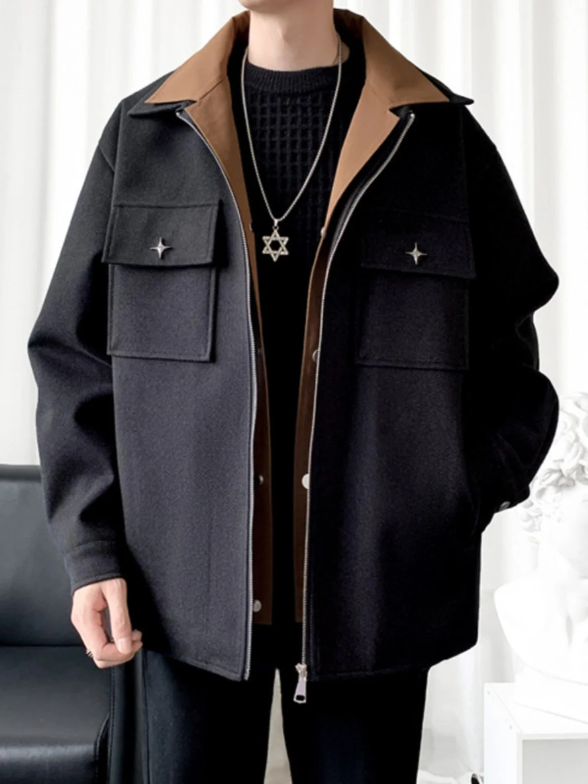 

Casual Chic Men's Woolen Jaet Spring Autumn Sli Workwear Coat Large Size Collarl Top Trendy Brand Loose Fit Youthful