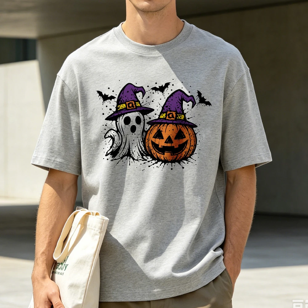 Ghost Pumpkin Witch Hat Cotton T-Shirt Halloween Clipart Ghost Printing Tshirt Cute Boo Ghost Fall Pumpkin Shirt Spooky Art Tees