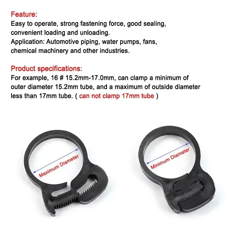 5Pcs Adjustable Plastic Hose Clamp 3.8mm-80mm Strong Spring Cramp Fuel Line Water Tube Fitting Fixed Tool Black/White Hose Clamp