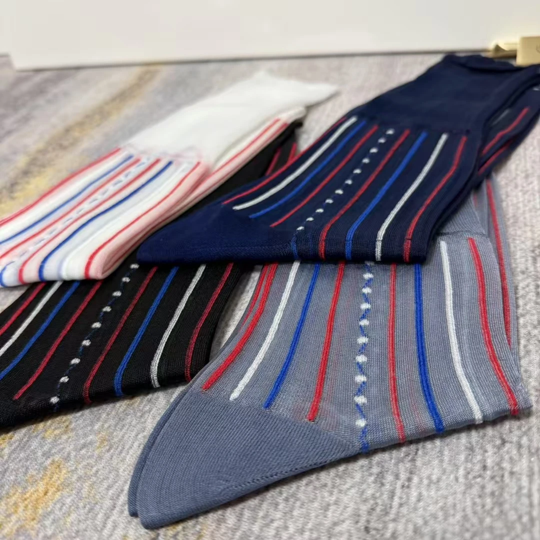 

Men Business Suit Dress Socks Transparent Nylon Striped Breathable Thin Classical Mid Tube Socks for Formal Wear Sheer Stocking