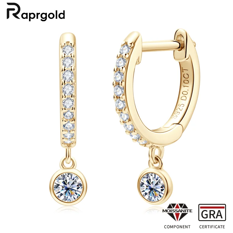 RAPRGOLD GRA Certified Round Moissanite Hoop Earrings for Women 925 Sterling Silver Huggie Earring Fine Jewelry Gifts Pendientes