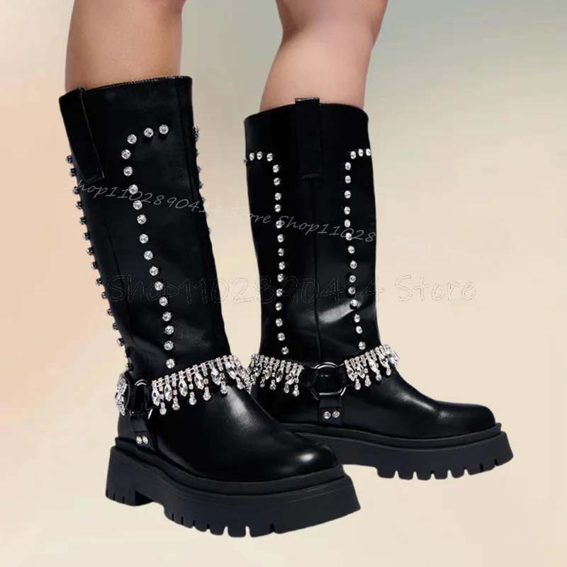 

Crystal Chain Decor Black Thick Bottom Boots Slip On Women Shoes Chunky Heels New Fashion Party Banquet 2024 Zapatos Para Mujere