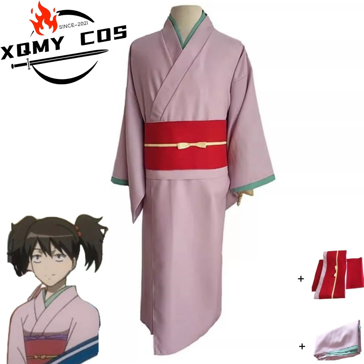 

XqAnime GINTAMA Yamazaki Sagaru Cosplay Costume Female Pink Japanese Kimono Dress Cummerbund Woman Cute Christmas Halloween Suit