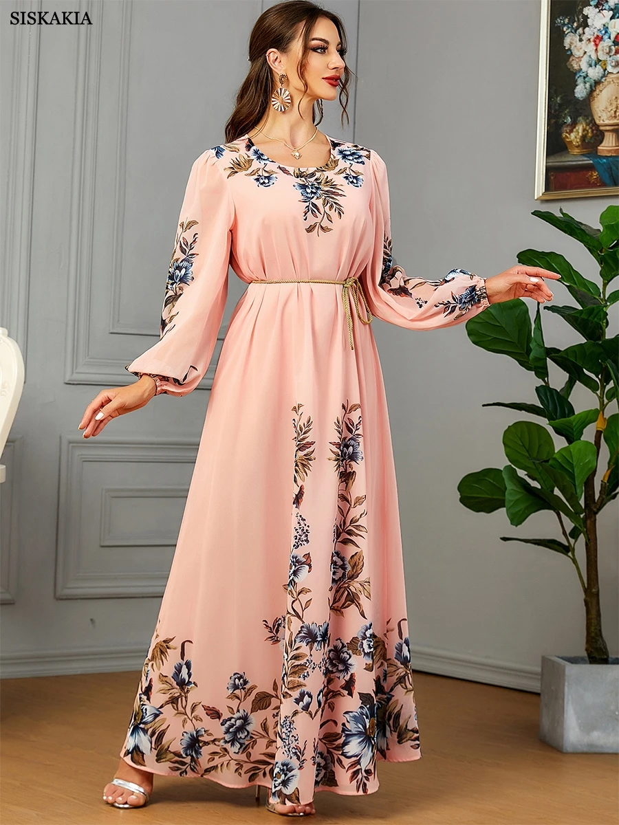 Siskakia Kleider mit langen Ärmeln Blumen druck Luxus muslimischen Abayas für Frauen Dubai marok kanis che Mode elegantes Abendkleid