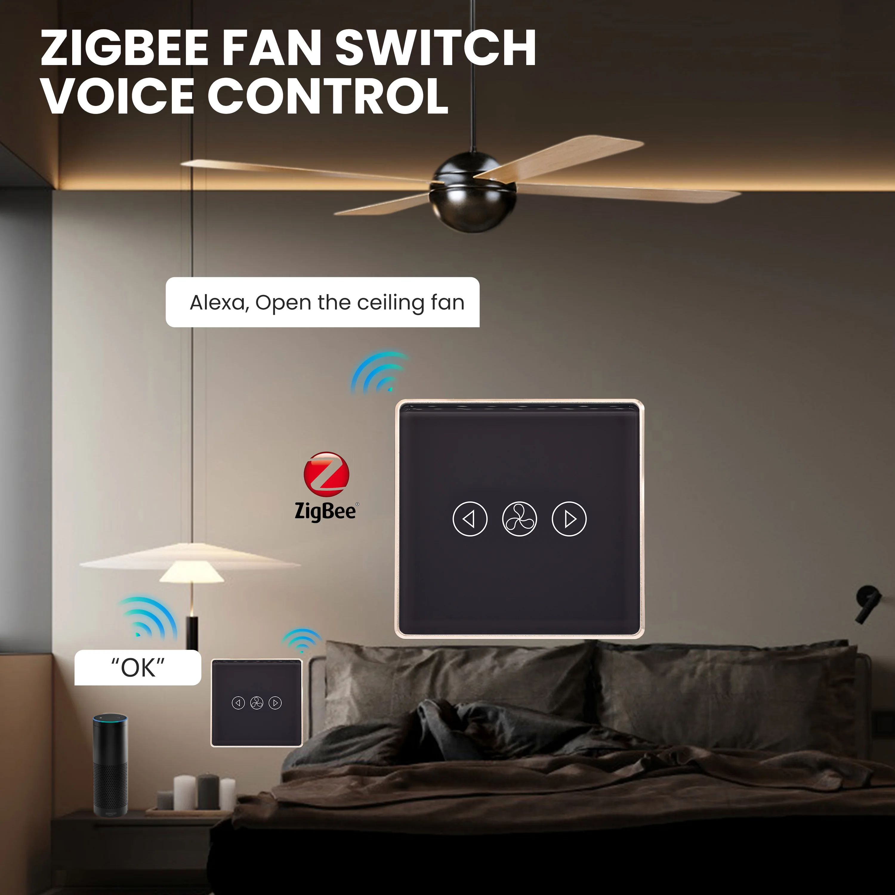 

LOUYSGEN ZigBee Fan Switch EU Gold Aluminum frame 2.5D Arc Edge Timer Schedule Wall Light Switch With Neutral Wire Glass Tuya