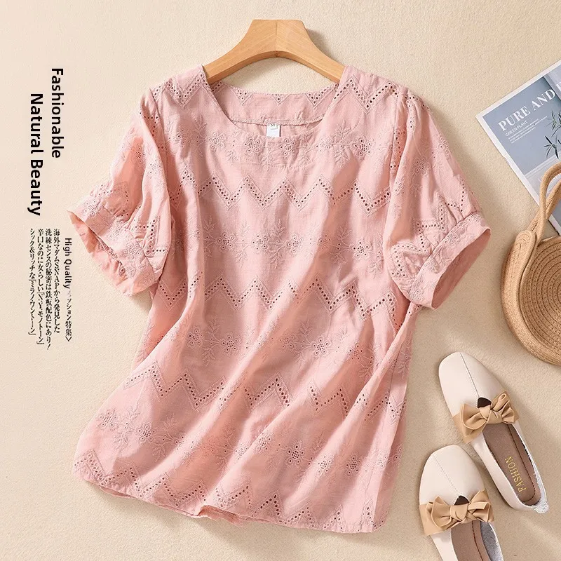 

Облегающая футболка из хлопка и льна ort Sve, круглый тонкий повседневный летний топ для женщин больших размеров, художественный комбинезон для поездок на работу