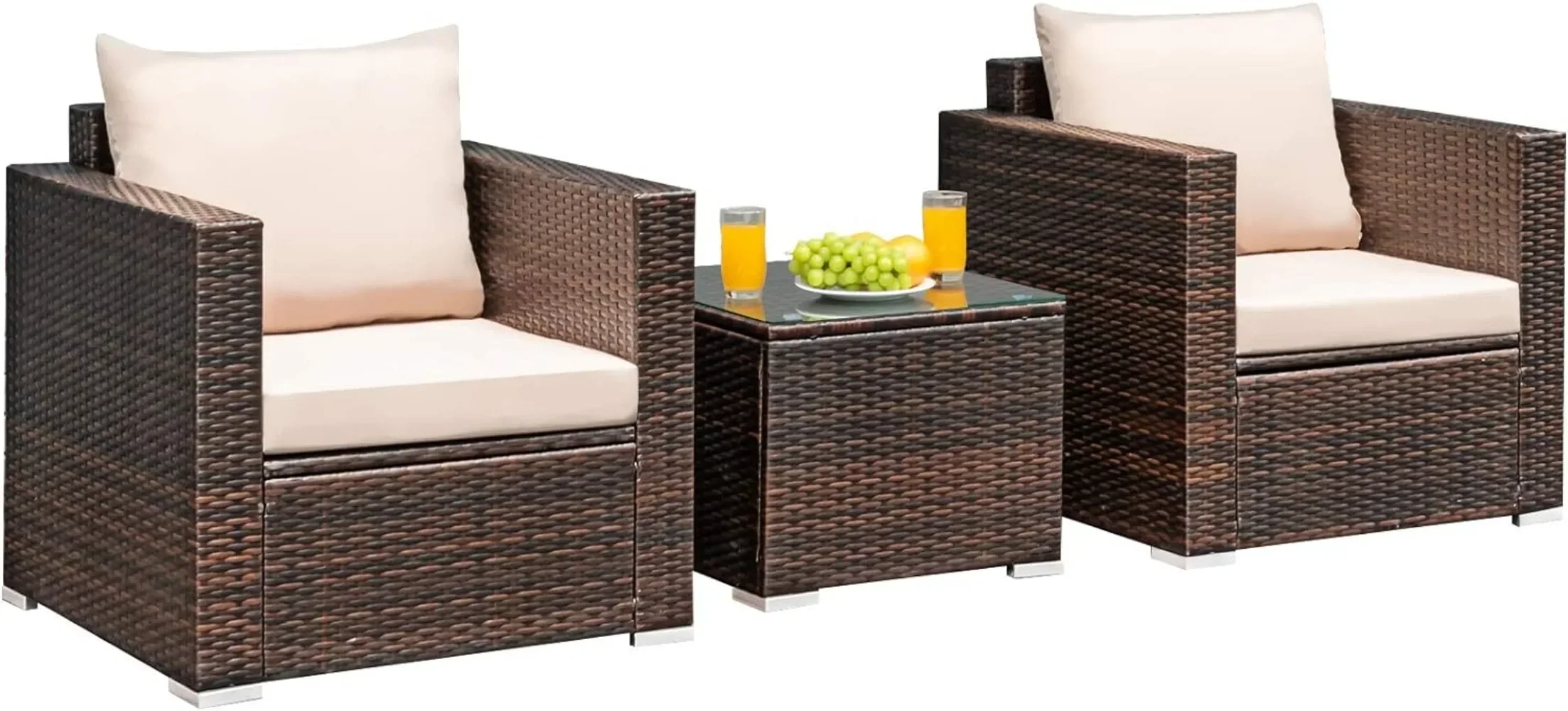 

A 3 Pieces Patio Furniture Set Outdoor Conversation Rattan Furniture Set w/Washable Cushion and Tempered Glass Tabletop