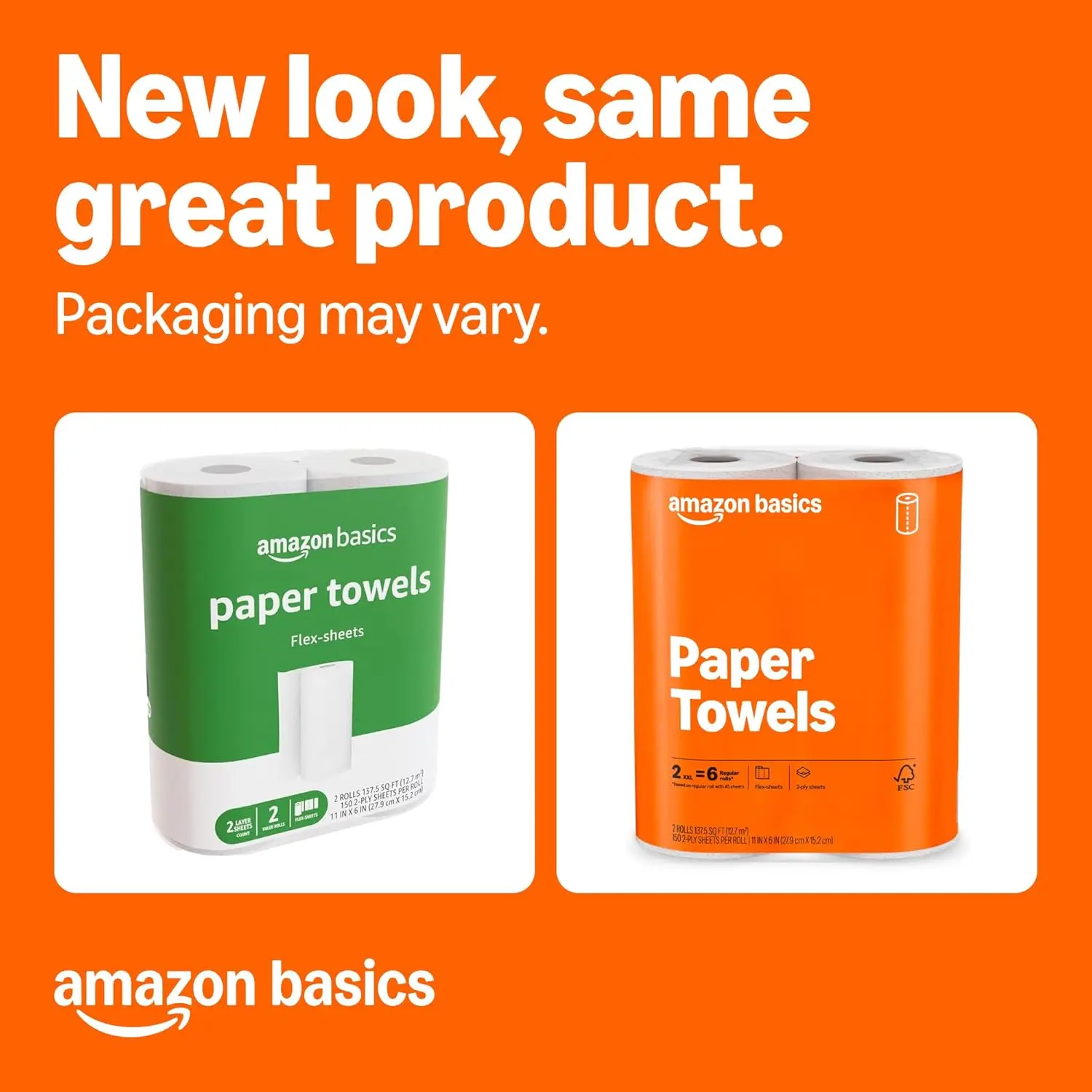 Basics 2-Ply Flex-Sheets Paper Towels, 6 Rolls = 20 Regular Rolls, 150 Sheets per Roll, Everyday Value