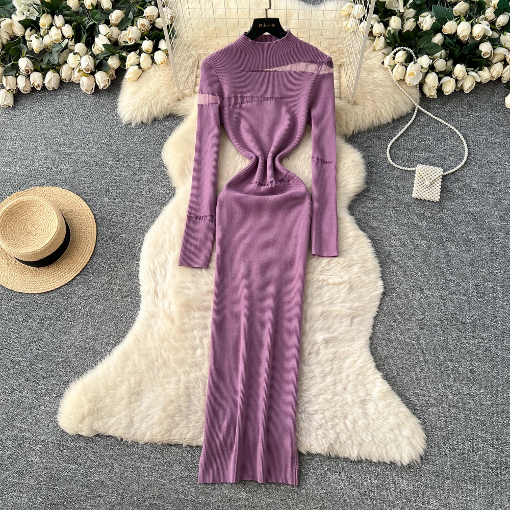 REALEFT automne hiver élégant irrégulier évider femmes robe tricotée à manches longues col roulé décontracté gaine robe portefeuille femme