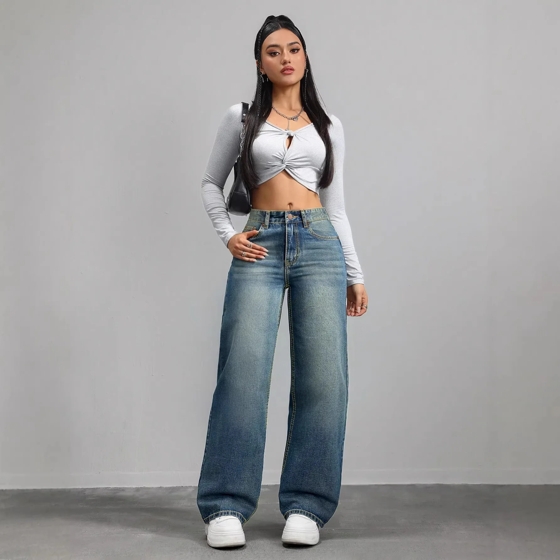 Hochgeschnittene Gerade Jeans für Damen, Locker Geschnittene Schlankmachende Lange Hose im Retro-Stil, 2026 Neuerscheinung, Verdickter Denim-Baumwollstoff