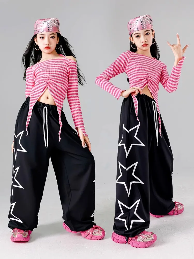 Moderne Meisjes Street Wear Jazzdans Kleding Roze Crop Tops Zwarte Joggingbroek Hip Hop Oefenkleding Prestaties Kostuum L14507