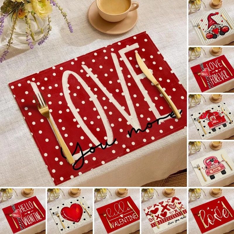

Romantic Red Heart Placemat Waterproof Valentine Dining Table Mat Washable Love Theme Kitchen Decor Couples Tableware Beautiful