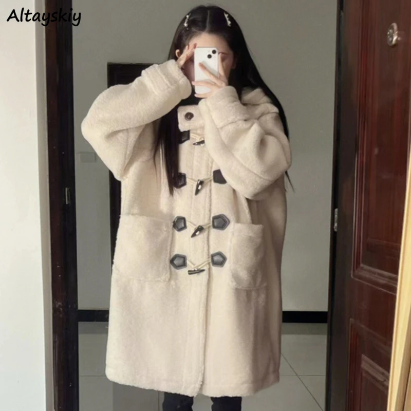 

Lamb Wool Hooded Coats Women Cute Horn Button Jacket for Girls Winter Street All-match Chic Students Cozy Soft Baggy Outerwear