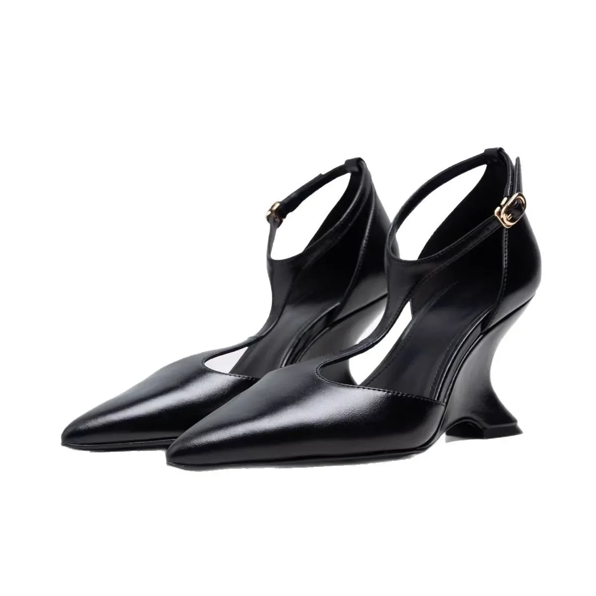 

Black Leather Pointed Toe Women Sandals Buckle Strap Office Lady Single Shoes Female Mature Summer New Wedges Strange High Heels