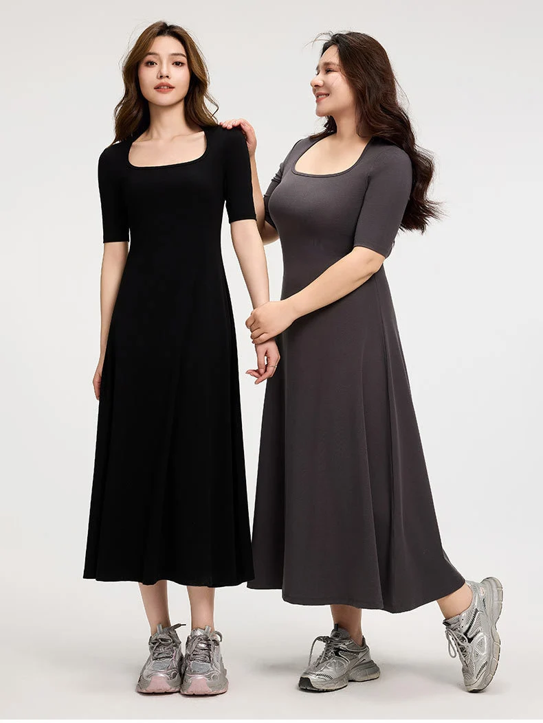 Slim Lyocell Cotton Tee Dress Short Sleeve Horseshoe Neck A Line Midi T Shirt Dresses