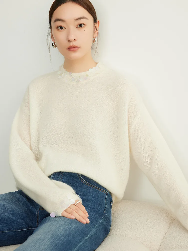 Birdtree, Wool Mohair Sweaters, Women Fashion Pullovers, Beadings Round Collar, 2024 Fall Winter Sweater, White, Blue T49223QM