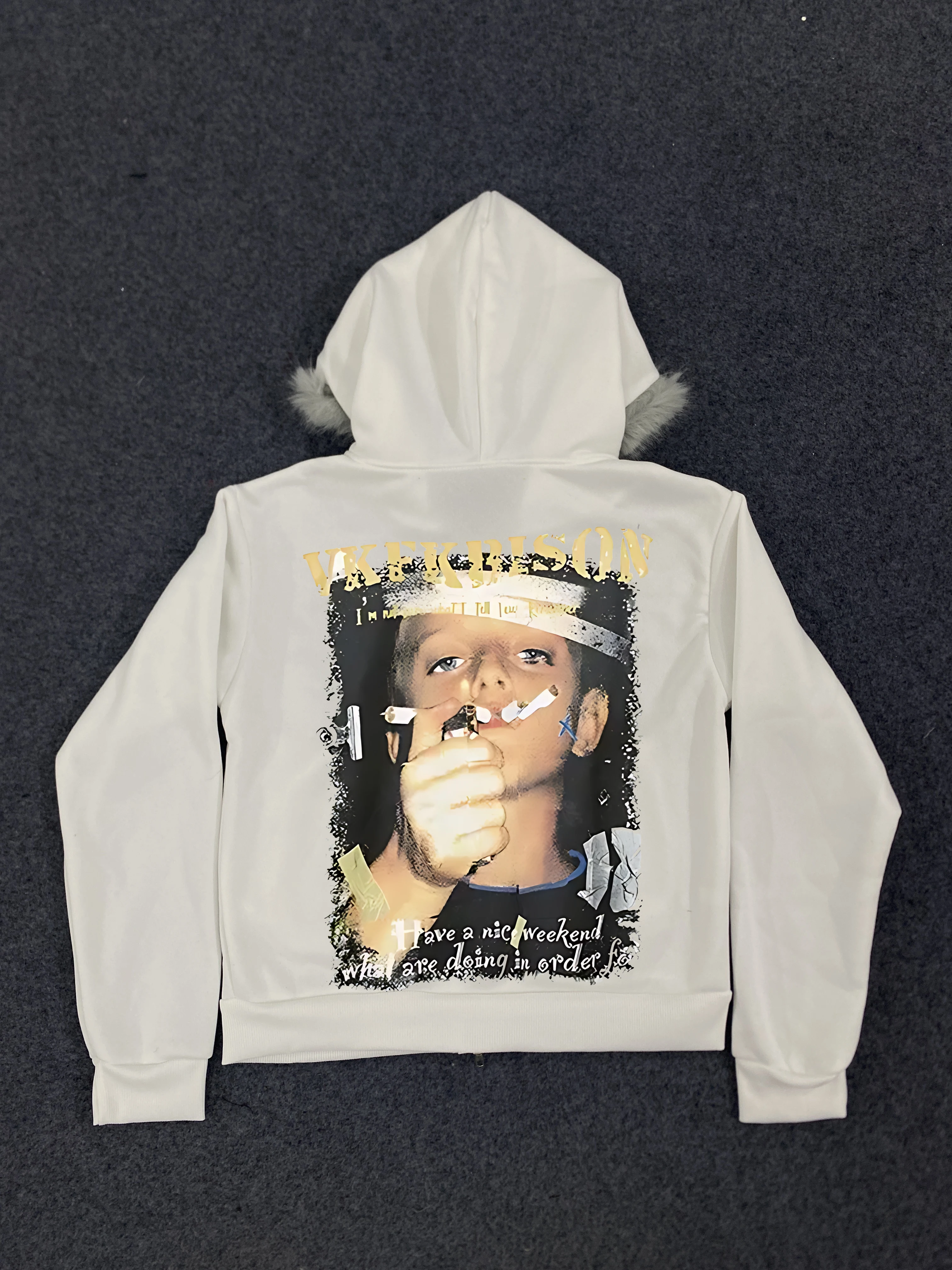 

Y2K Women's Faux Fur Trim Hoodie-Zipper Front, Back Graphic Print, Side Button Pockets, Street Retro Sweatshirt Autumn Winter