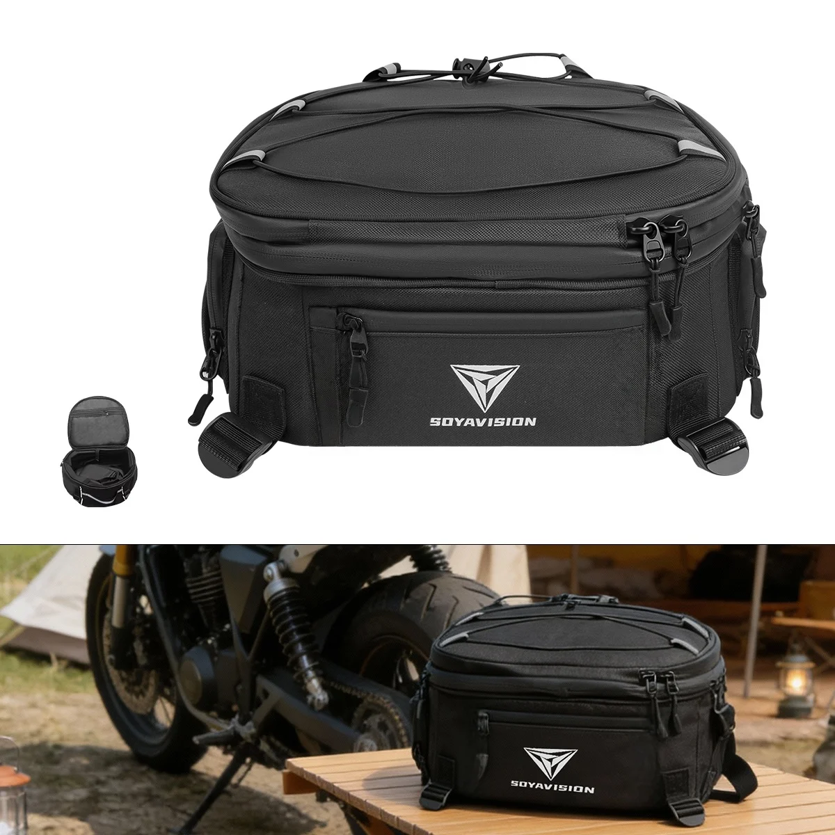 Black Motorcycle Tail Bag, Motorcycle Rear Seat Bag with Waterproof Rain Cover Expandable Motorbike Bags For BMW Yamaha Honda