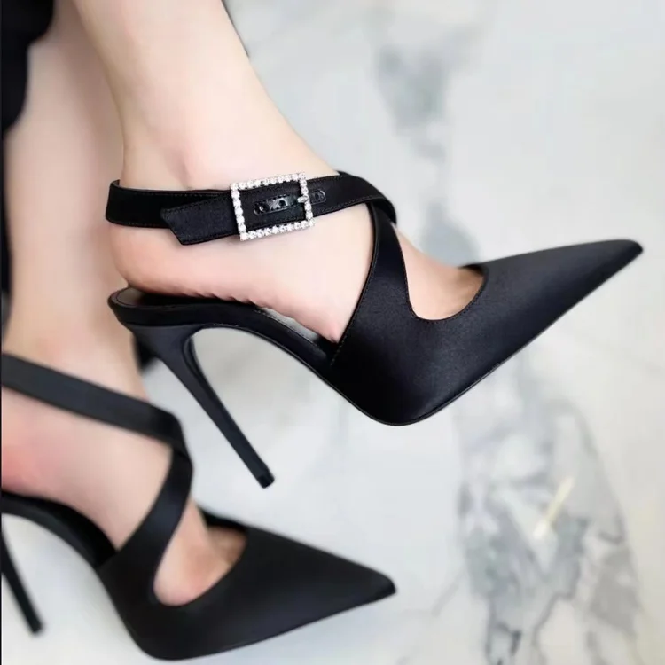 2024 Spring New Black Women Sandals Pointed Toe Stiletto Sexy Thin Heels Rhinestone Square Buckle Cross Strap Fashion Shoes