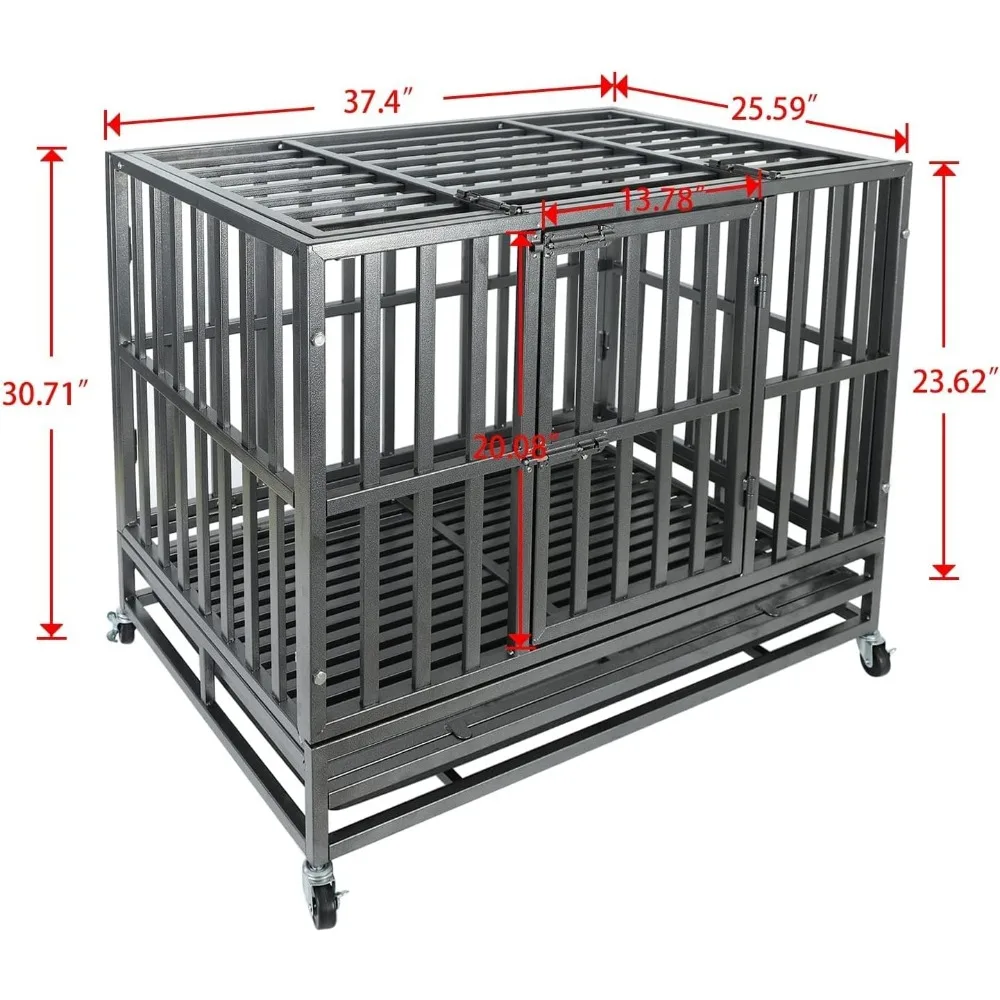 37Inch Heavy Duty Dog Kennel Strong Metal Dog Cage Pet Crate for Medium and Large Dogs with Four Lockable Wheels Removeable Tray