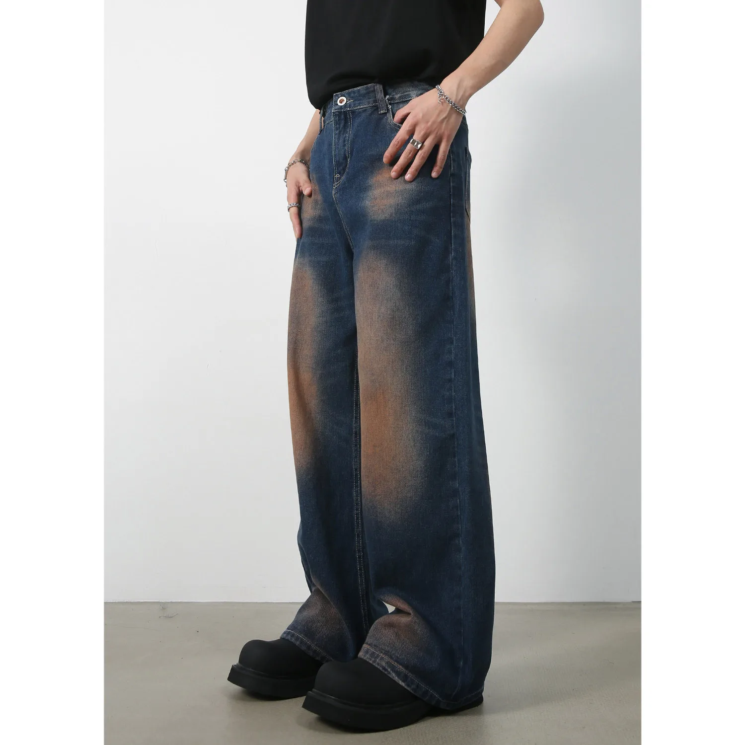 New Korean version of loose straight trousers personalized old blue grinding white trendy men's wide-leg long trousers