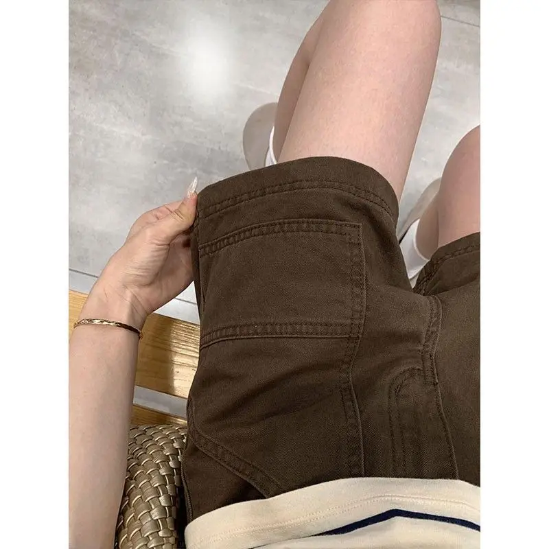American Retro Coffee Color Casual Cargo Denim Shorts Women's Summer New High Waist Spice Girl A Word Hot Pants
