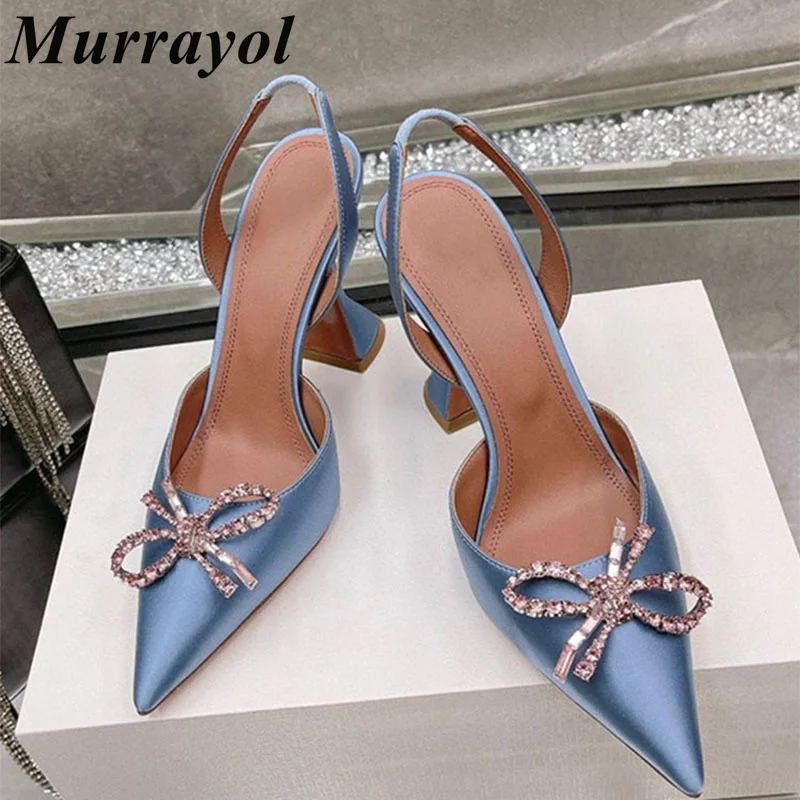 New Pointed Toe Satin Finish Thin Heels Sandals Women Rhinestone Decor Sandalias Summer Party Dress Shoes Wedding Shoes Pumps