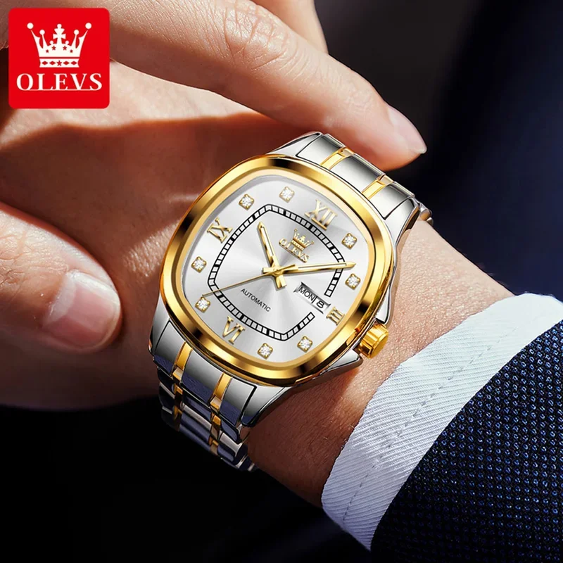 OLEVS Men Popular Brand Automatic Mechanical Watch Fashion Original Square Calendar Waterproof Luminous Luxury Men Watch 9810