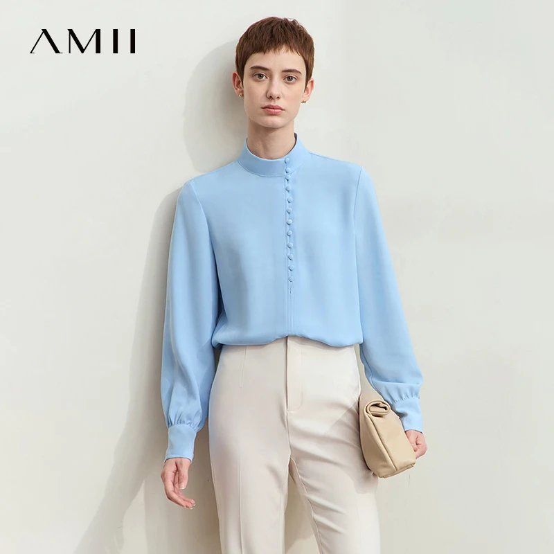 Amii Minimalism Camicetta da donna 2025 Autunno Moda retrò Colletto alla coreana Camicia basic casual in chiffon Manica lunga Top Lady 12443185