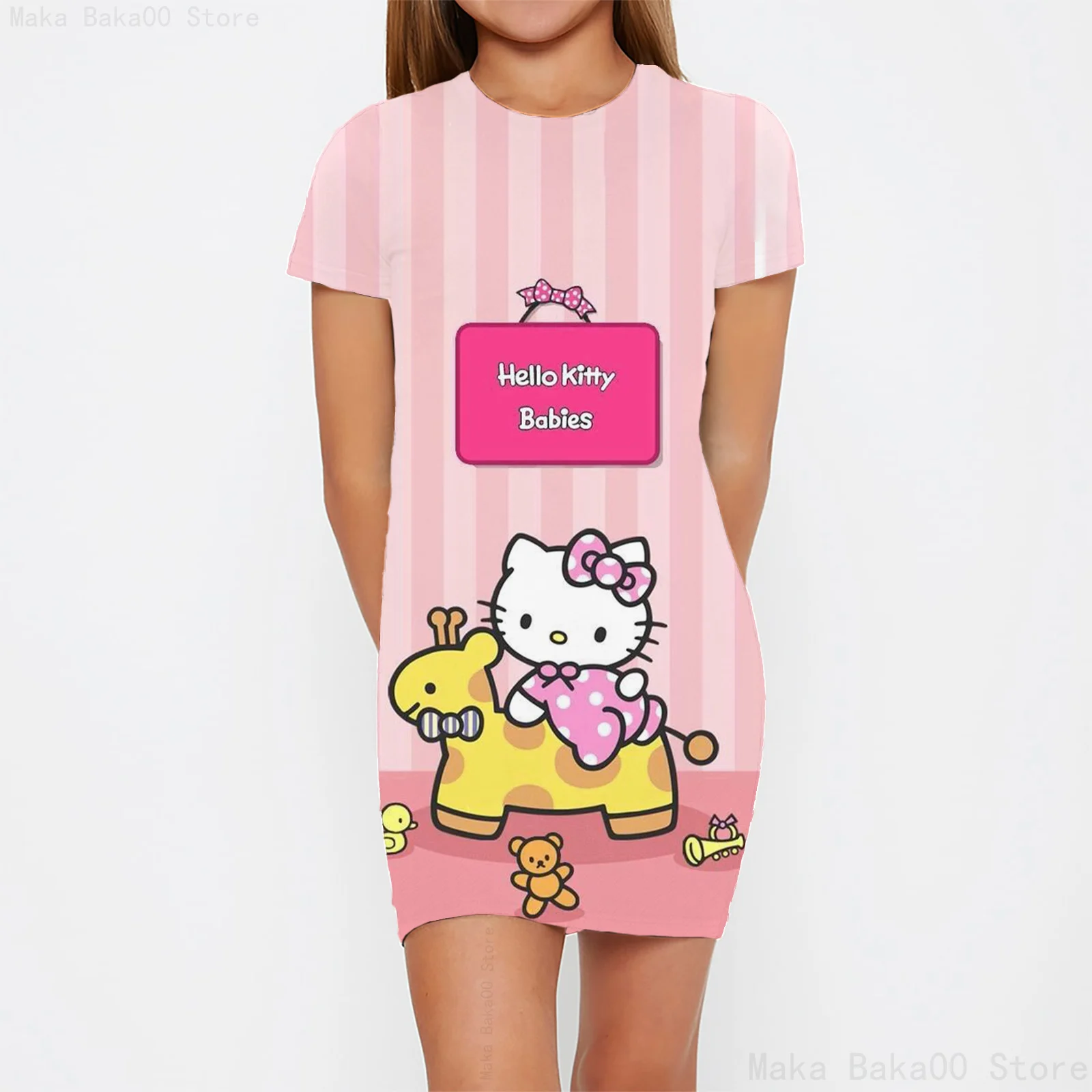 Summer Disney short sleeve print Hello Kitty round neck princess tight dress girls cute street casual fashion dress