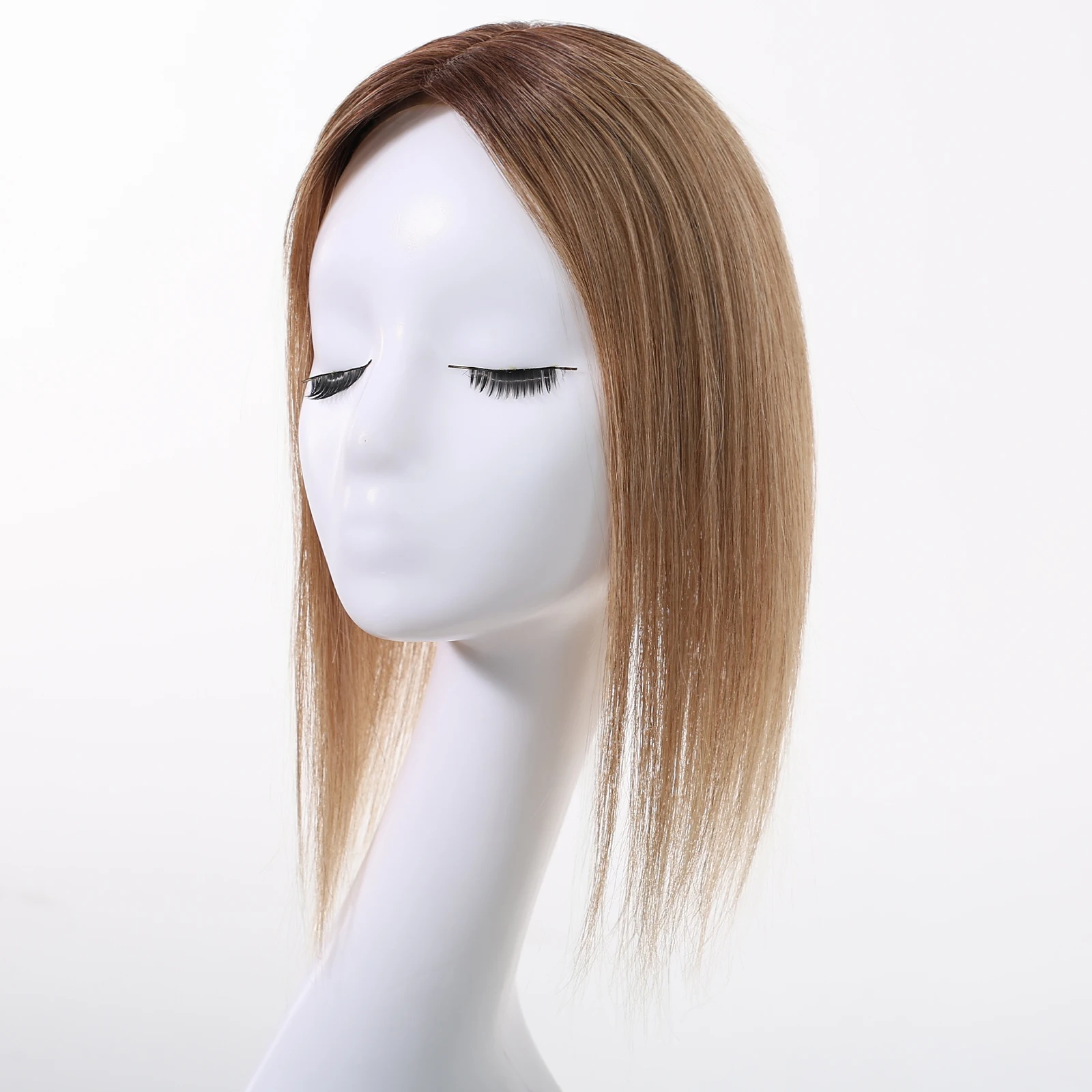 Topper de Cabelo Humano 100% Remy Ombre Castanho de 12 Polegadas com Base de Renda 4x5 Polegadas para Mulheres com Cabelo Ralo e Parte Central