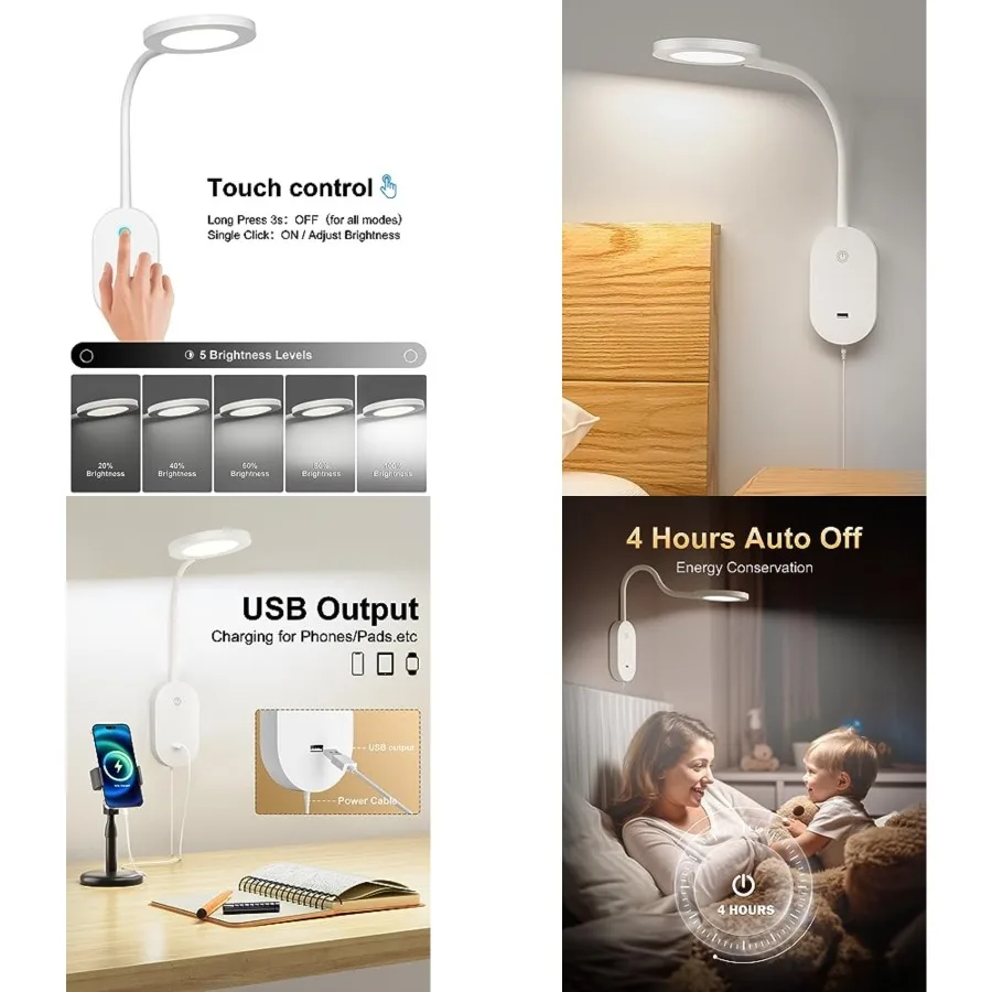 

Wall Mounted Reading Light, Book Lights with USB Output, Reading Lamps for Bed Headboard in 4 Hours Auto-Off, Touch Control Wal