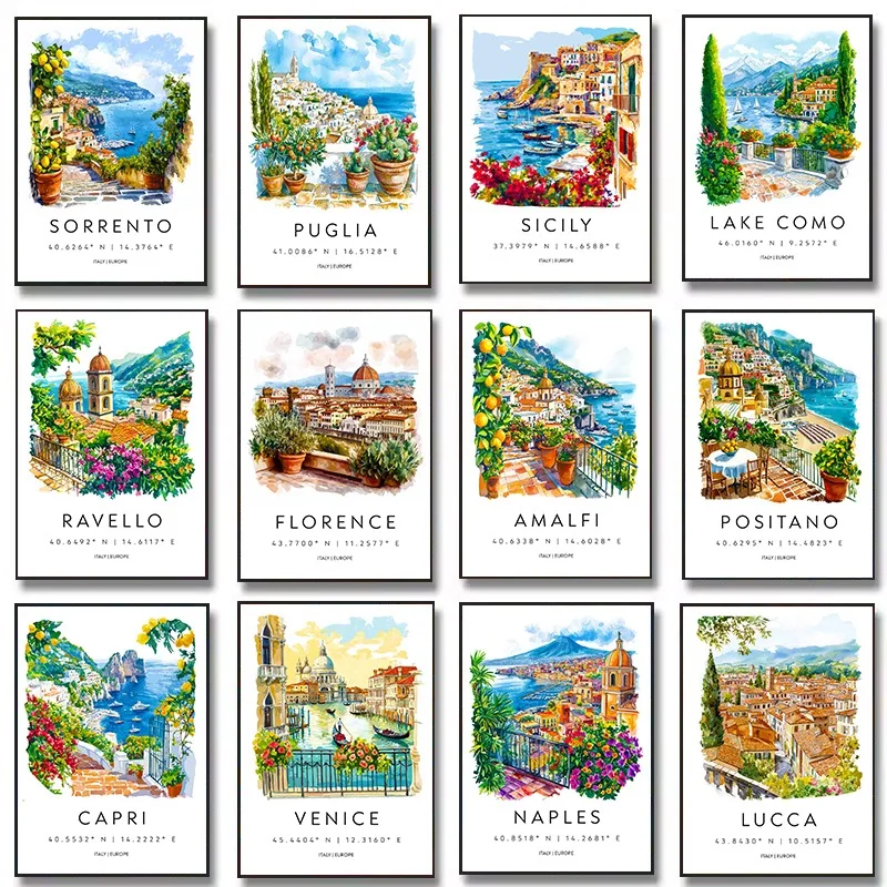 Acuarela Italia viajes ciudades Amalfi Capri Sorrento paisaje costero cartel lienzo pintura pared arte imágenes decoración del hogar regalo