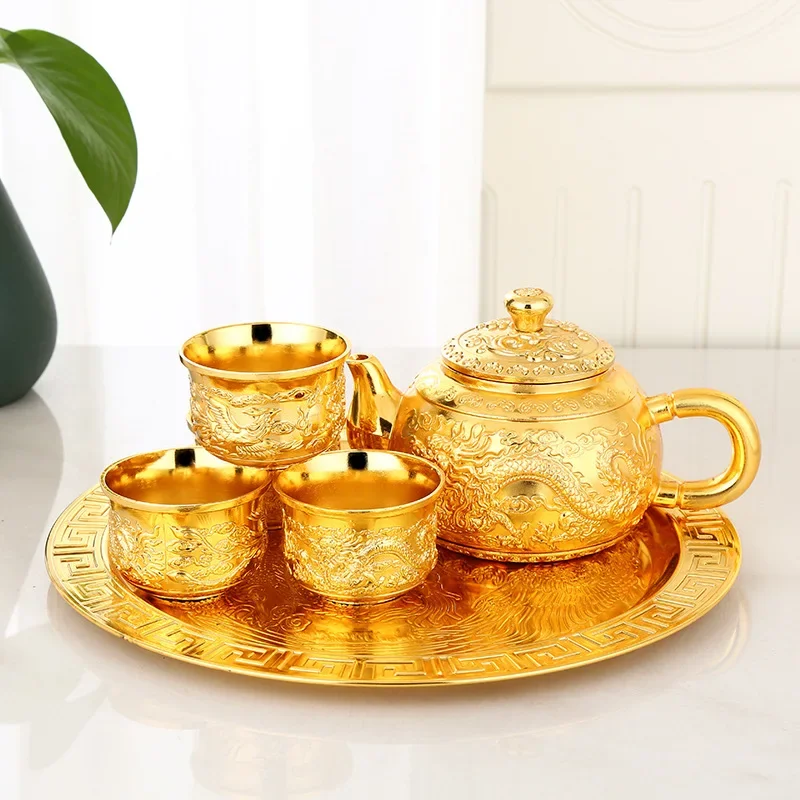Retro Tea and Wine Set European High-end Golden Tea Set Complete Set of Dragon and Phoenix Teapot  Cup Gift Gold Ceremony
