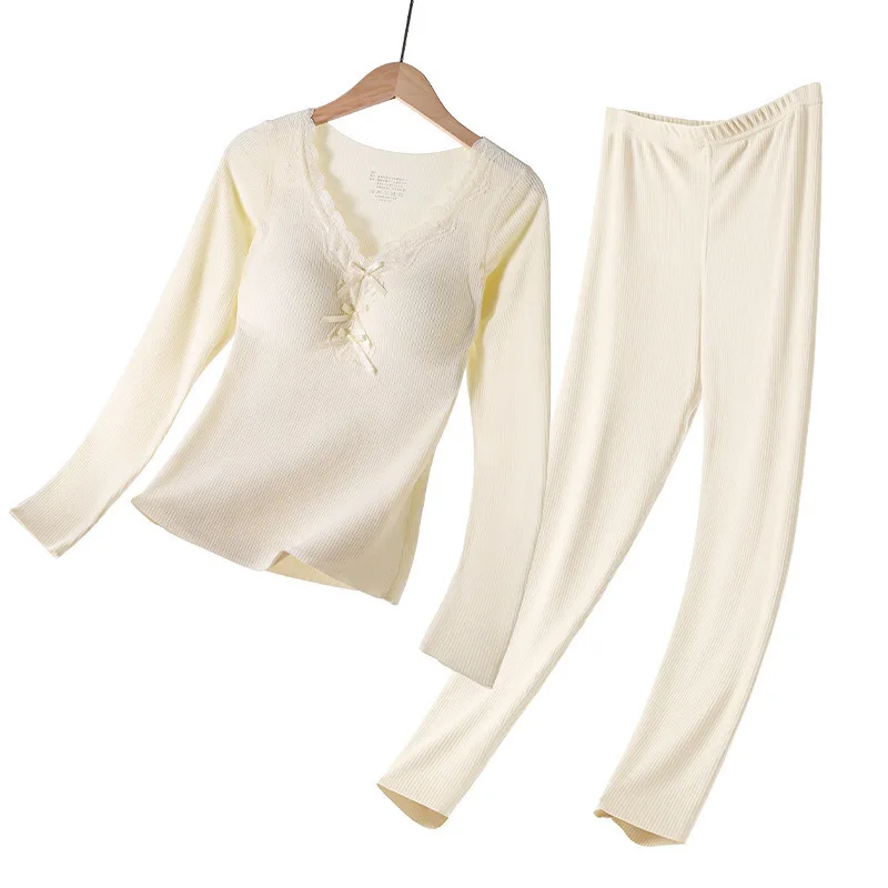 مجموعة دافئة لخريف وشتاء 2025 للنساء مع وسادة صدر، تدفئة، طحن، تدفئة، مجموعة ملابس منزلية مضادة للكهرباء الساكنة