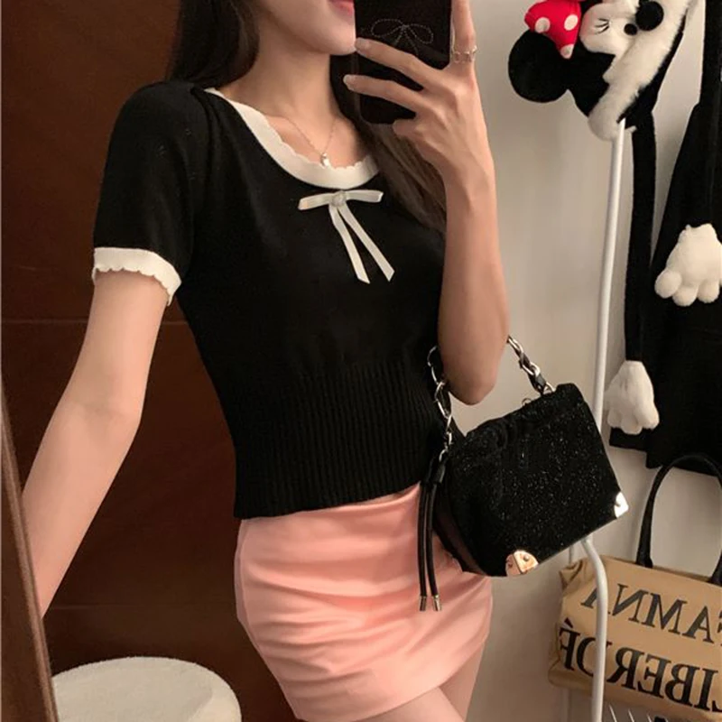 Rimocy Sweet Lace Bow T Shirts Women Summer Pink Kawaii Y2k Short Sleeve Crop Tops Woman 2000s Slim Roum Neck Knitted Tees Mujer