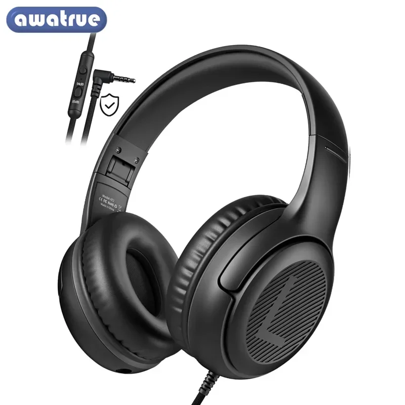 AWATRUE Kids Headphones with Microphone,Safe Volume Limiter 94dB,3.5mm Jack On-Ear Headset for Children Teens Girls Boys School