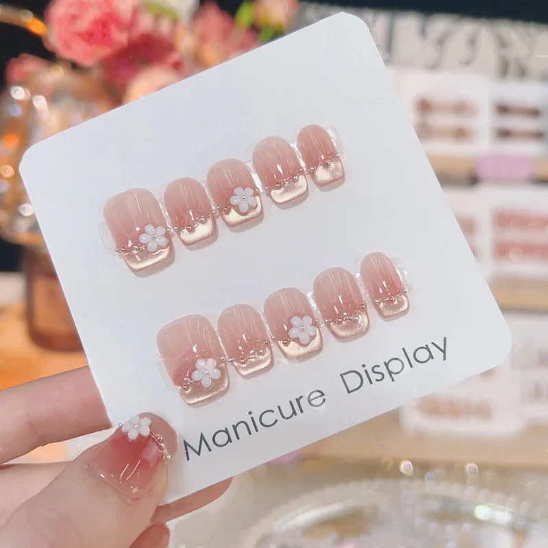 

10Pcs Handmade Press on Nails Sweet Cute Fruit Full Cover Butterfly Rhinestone Short Square Ballerina Wearable Fake Nails Tips